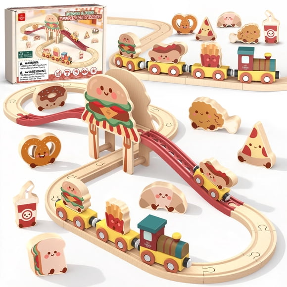 Circuito de tren de madera con temática de hamburguesa Lehoo Castle, juguete para niños pequeños