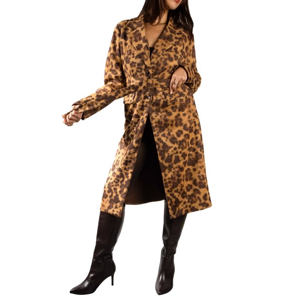 Jess por Meiko Abrigos de Mujer Abrigo de Trinchera con Cinturón de Leopardo de Imitación de Gamuza XS Marrón