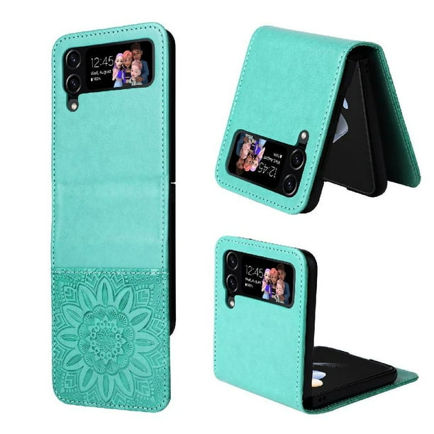 Funda tipo cartera FOXDOCK para Samsung Galaxy Z Flip 4 , diseño girasol en relieve, cuero PU, cierre magnético, soporte y tarjetero