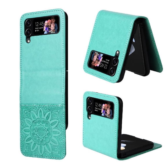 Funda tipo cartera FOXDOCK para Samsung Galaxy Z Flip 4 , diseño girasol en relieve, cuero PU, cierre magnético, soporte y tarjetero