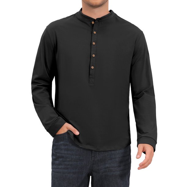 INSPIRE CHIC Camiseta Henley de Algodón para Hombre de Manga Larga con Botones, Camisetas Básicas L Negras