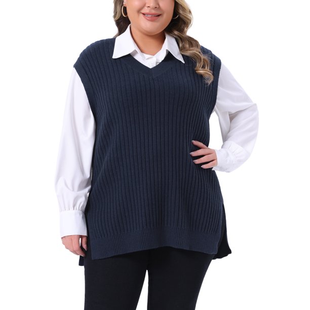 Agnes Orinda Conjuntos de Halloween para Mujeres Tallas Grandes Chaleco de Suéter de Punto Acanalado Cuello en V Sin Mangas Dobladillo Dividido Casual Jersey Tops de Tirantes 3X Azul Oscuro