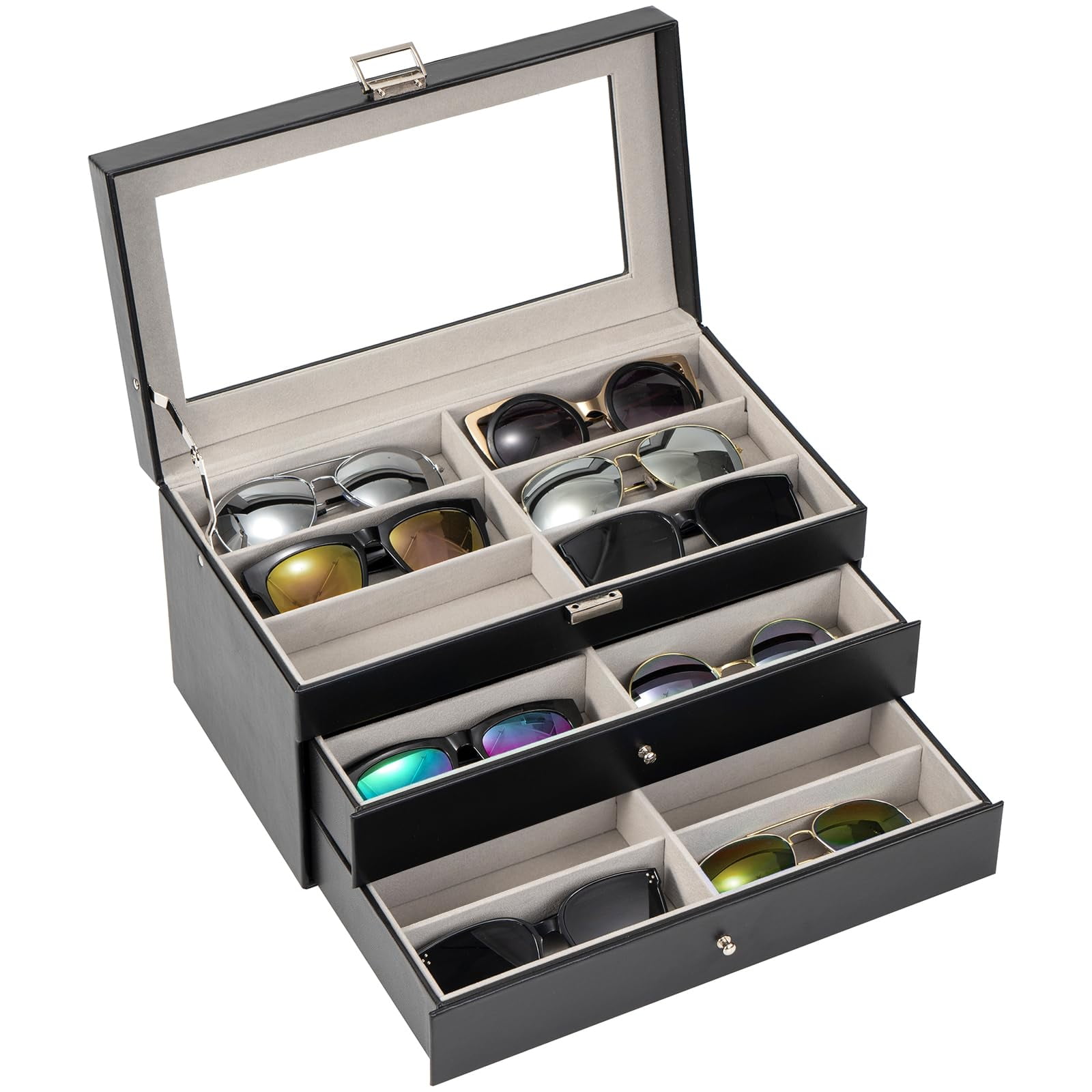 Organizador Procase Para Guardar Gafas De Sol Con 18 Ranuras, Piel, Color Negro