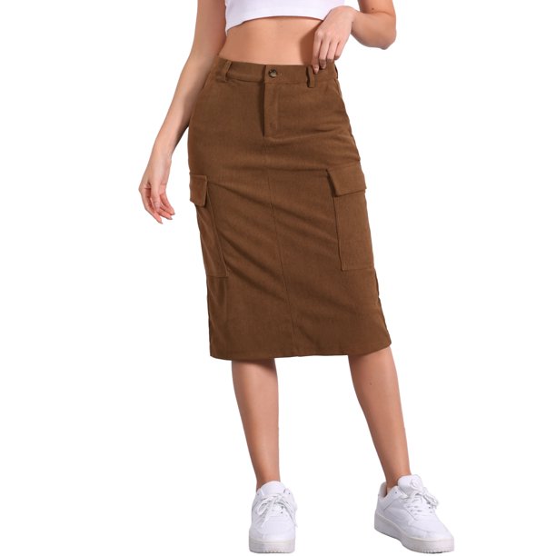 INSPIRE CHIC Falda de Mujer Cintura Alta Elástica Espalda Pana Faldas Midi XS Marrón