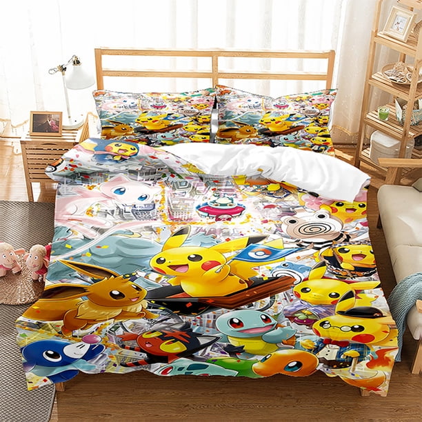 Pok-mon Pika-chu 3 Pcs Comforter Set with 2 Pillowcases,Pokmo-n Pikach-u Bedding Set Sheet Set for Kids Adults,All Season Lightweight