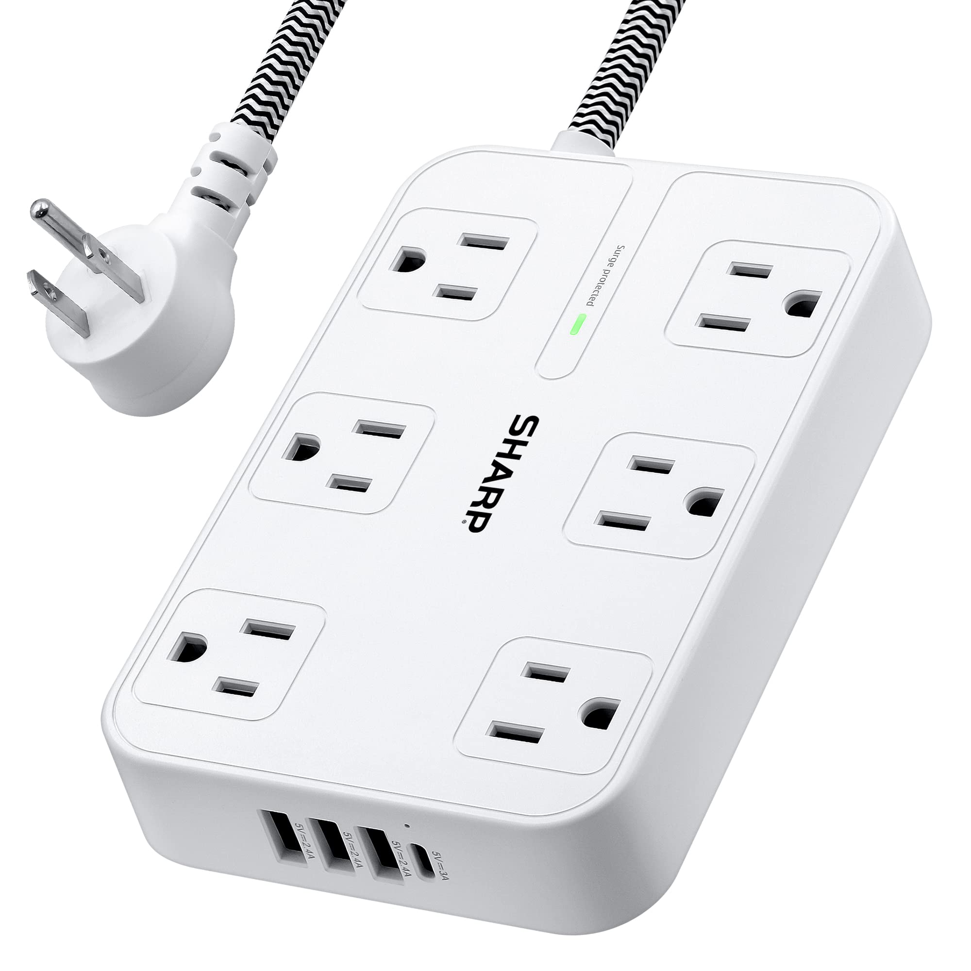 Sharp - Protector Contra Sobretensiones, Power Strip, 6 Salidas Y 4 Puertos Usb