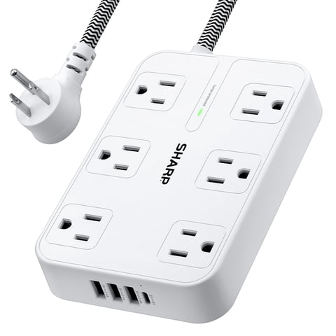 Sharp - Protector Contra Sobretensiones, Power Strip, 6 Salidas Y 4 Puertos Usb
