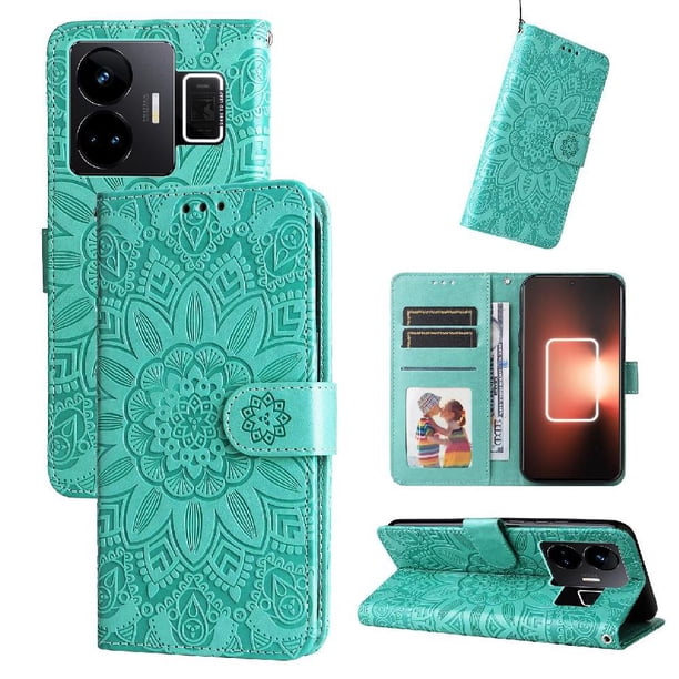 Funda tipo cartera FOXDOCK para Realme GT Neo 5 , diseño girasol en relieve, cuero PU, cierre magnético, soporte y tarjetero
