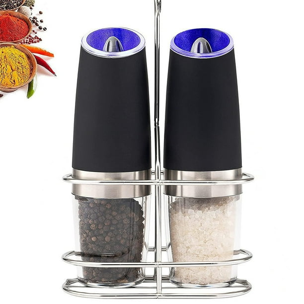 2pcs Gravity Electric Pepper And Salt Grinder Set, Adjustable Coarseness, Battery Powered With LED Light, One Hand Automatic Operation, Stainless Steel Black 7.8inch/2inch
