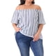 thumbnail image 1 of Agnes Orinda Blusa de Vacaciones con Estampado Boho de Talla Grande para Mujer, Hombros Descubiertos, Manga Corta, 1X Blanco, 1 of 6