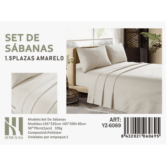Set De Sabanas Plaza Y Media Color Amarelo 200 Hilos + 1 Funda De Almohada