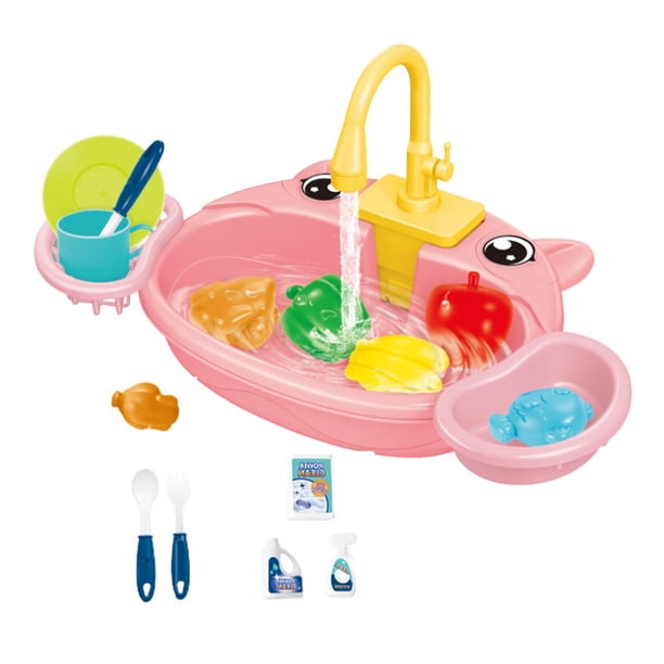 Fregadero de Cocina de Juguete para Niños, Accesorios de Juguete con Juego para Correr, Agua, Comida, Fregadero para Niños, Juego de Lavavajillas para Cerdo Rosa