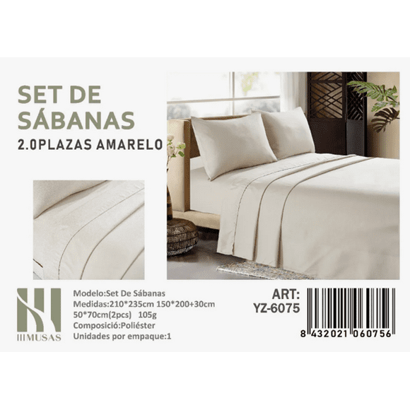 Set De Sabanas 2 Plazas Color Amarelo 200 Hilos + 2 Funda De Almohada