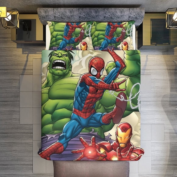 Spider-Man Adventures Super Heroes 3 Piece Sets Full/Queen Size - Reversible Microfiber Quilts with 2 Shams Soft Lightweight Bedspread Coverlet Comforter for All Season Bed Sheets