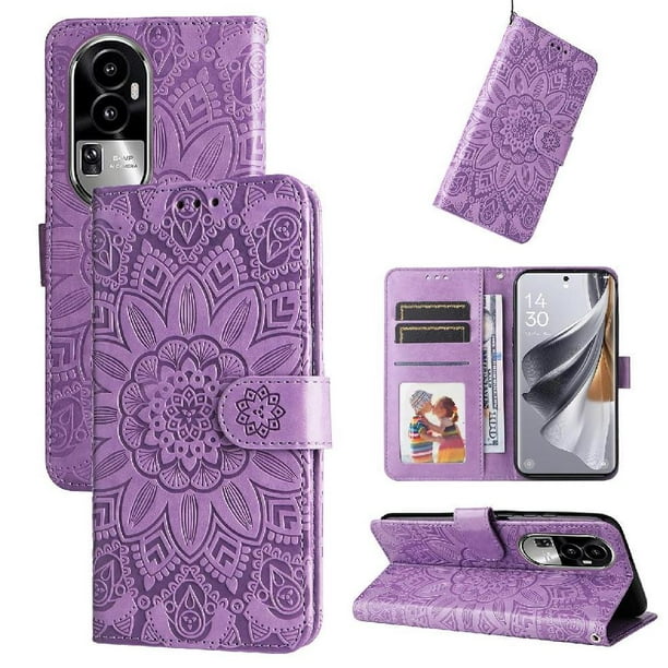 Funda tipo cartera FOXDOCK para OPPO Reno 10 Pro 5G , diseño girasol en relieve, cuero PU, cierre magnético, soporte y tarjetero