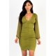 thumbnail image 1 of Vestido Mini De Malla Fruncida Con Cuello En V Y Manga Larga, 1 of 5