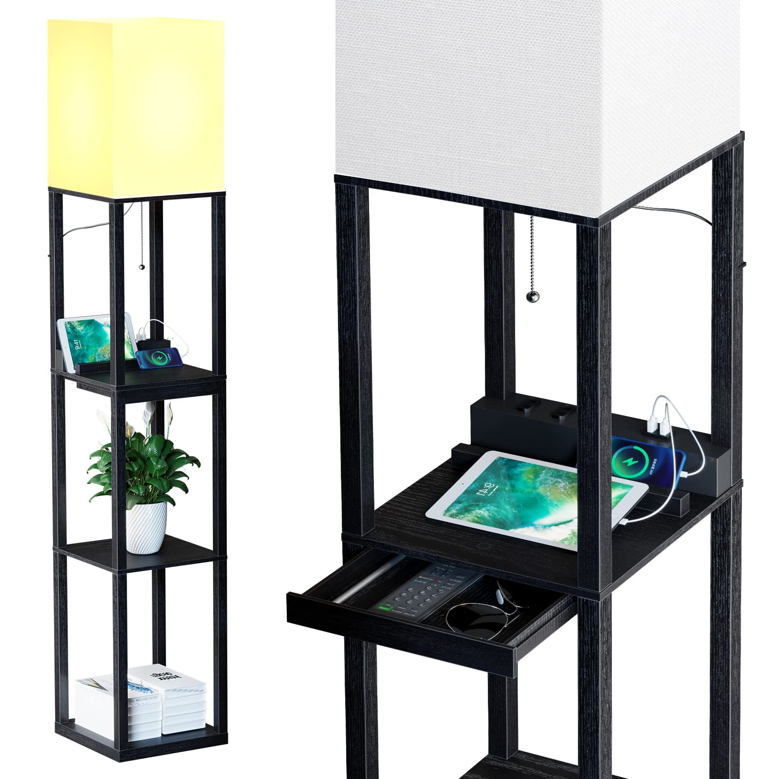 Sunmory - Lámpara De Pie Con Estantes Cajón Usb Y Tomas De Corriente