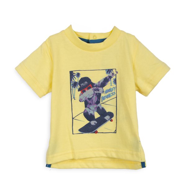 Polera Bebé Niño Manga Corta Estampado Mono Skater Amarillo Pillin