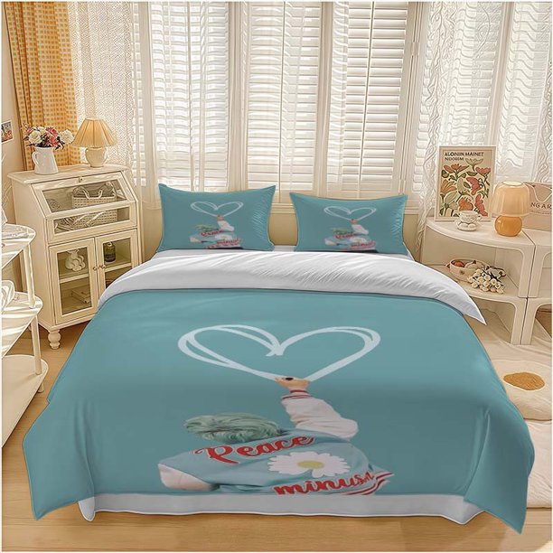 Light Green Character Wearing PEACE Jacket with Hand-Painted MINUS Heart Pattern Set Soft and Comfortable Bedding Set