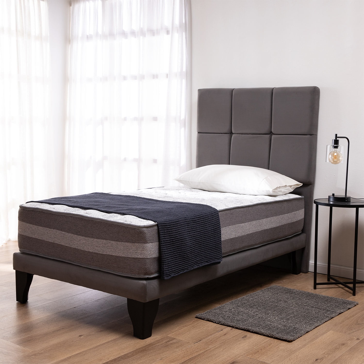 Colbox - Cama Europea Valencia P + Respaldo Atenas 1 Pl Felpa Gris Medio