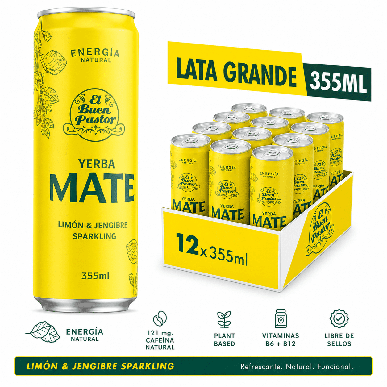 Pack X 12 Uni Bebida Energizante Natural Yerba Mate Limón & Jengibre El Buen Pastor 355ml
