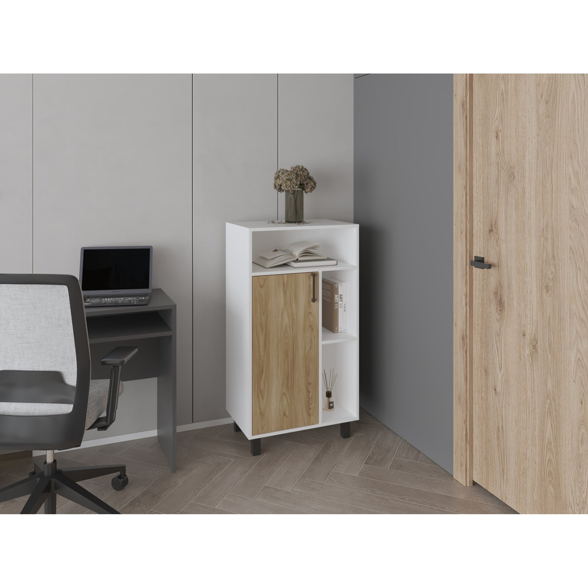 Tuhome - Biblioteca Baja 1 Puerta Bryce 111,5x60x39,9 Cm Blanco Y Fresno