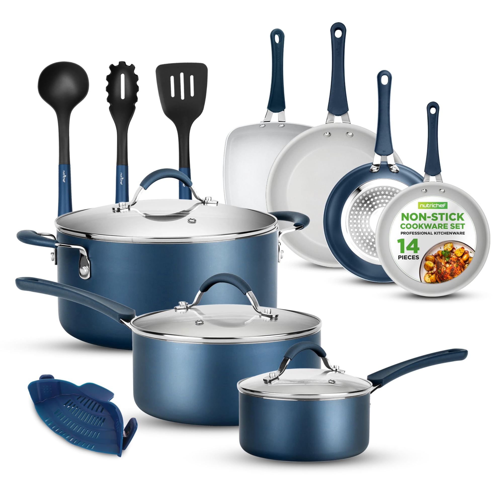 Juego De Utensilios De Cocina Nutrichef Azul Marino, 14 Piezas, Antiadherentes