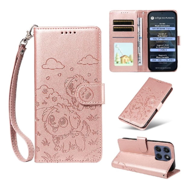 Funda Cartera para Motorola Edge 60 5G Perro Cachorro Grabado con Tarjetas Soporte Correa Rosa
