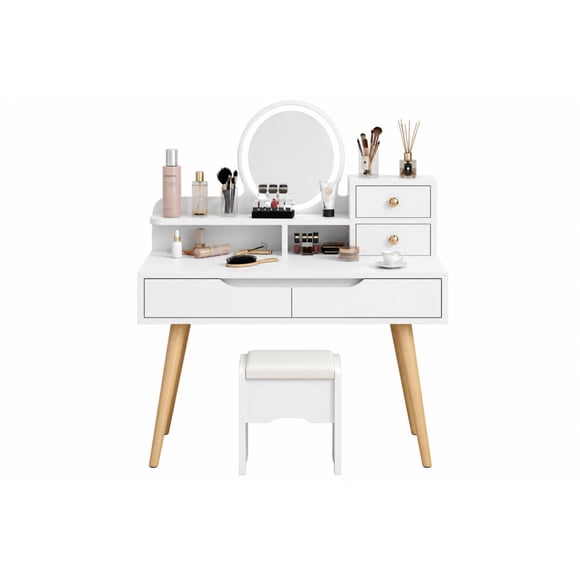 Tocador Con Espejo De Luz Led Y Taburete Blanco 80x40x130cm