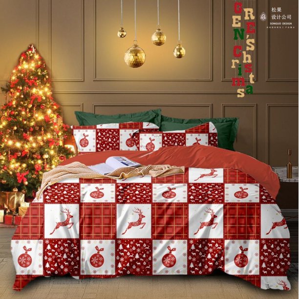 Merry Christmas Santa Claus Reindeer Kid Quilt Duvet Cover Set Children3-Piece Bedding Set