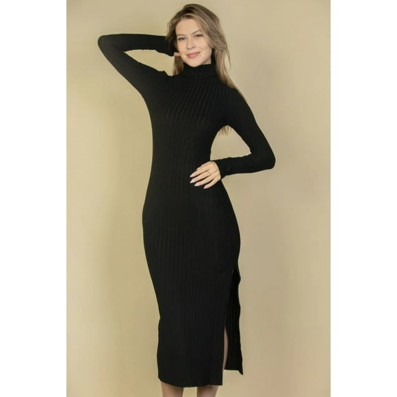 Vestido de Cuello Alto Peludo de Punto Suéter con Abertura en el Muslo