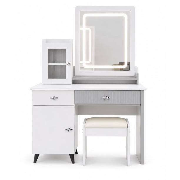 Tocador de Maquillaje con Espejo LED, Gabinete Lateral, Cajón y Banqueta Blanco Moderno 150x100x40cm