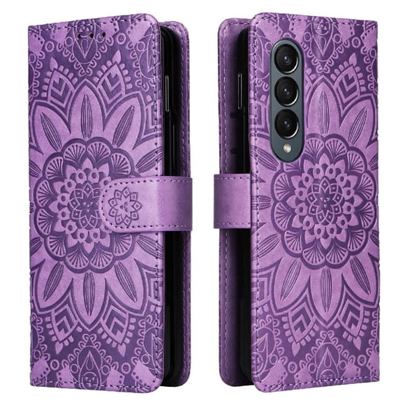 Funda tipo cartera FOXDOCK para Samsung Galaxy Z Fold 4 , diseño girasol en relieve, cuero PU, cierre magnético, soporte y tarjetero