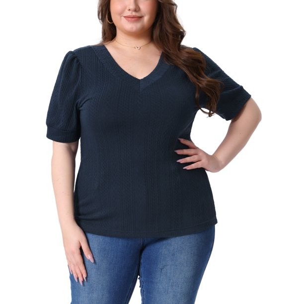 Agnes Orinda Blusas de Talla Grande para Mujeres Cuello en V Manga Corta Jersey Tejido Casual 4X Azul Marino