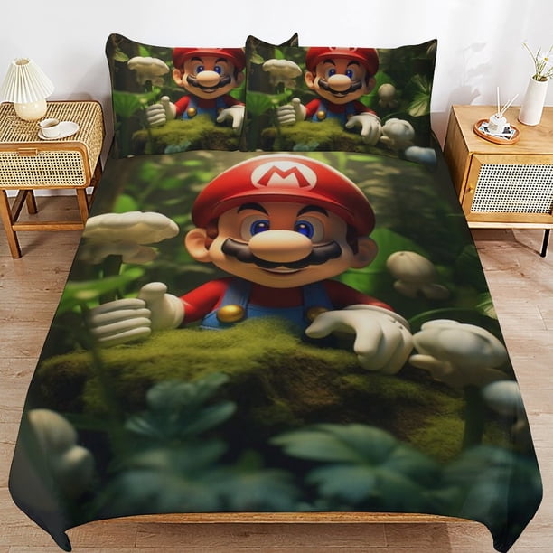 Super Mario 3-Piece Comforter Set for Bedroom Super Mario Bedding Set for Kids Adults Soft Microfiber Duvet Cover Set with Zipper Closure