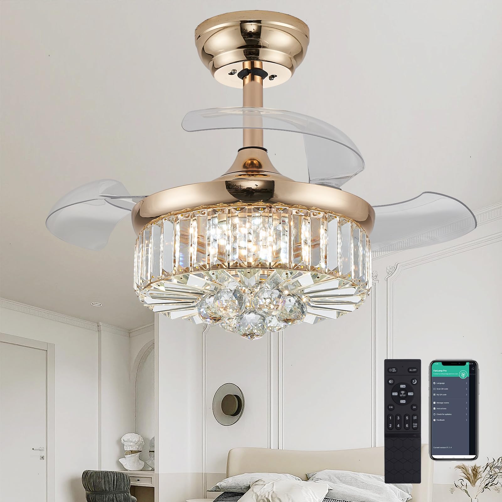 Ventilador De Techo Dumaiway 30 Golden Con Lámpara De Cristal Claro