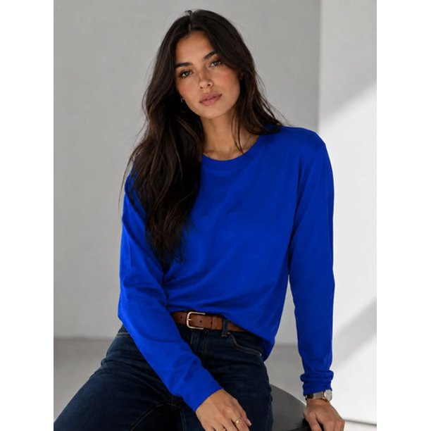 Polera Manga Larga Cuello Redondo 250g Basica Unisex Algodon Azul Rey L-xl Lisa