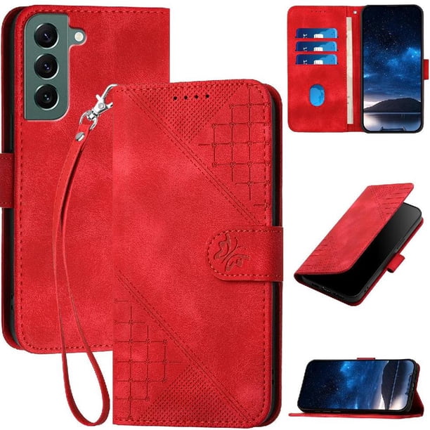 Funda Flip Premium Fibra de Carbono para Samsung Galaxy S22 Plus con Soporte y Cierre Rojo