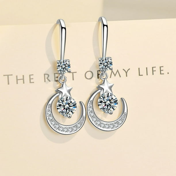 Gorgeous 925 Sterling Silver Star Moon Earrings with White Sapphire & Pink & Blue Artificial Dangle - Perfect for Brides, Weddings, Engagements, Anniversaries & Valentine's Day!