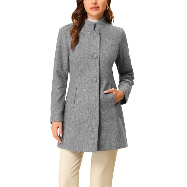 INSPIRE CHIC Abrigo de Mujer de Largo Medio con Cuello Mao, Abotonado, Abrigo de Invierno con Bolsillos Inclinados y Forro Completo Gris M