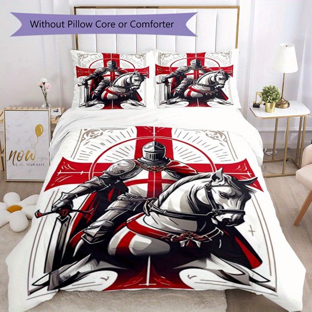 3pcs Bedding Set Duvet Cover Closure Includes 1 Duvet Cover & 2 Pillowcases for All Seasons Bedroom Decor, Home Dorm High-Definition Print Cross Templars Knight Q246