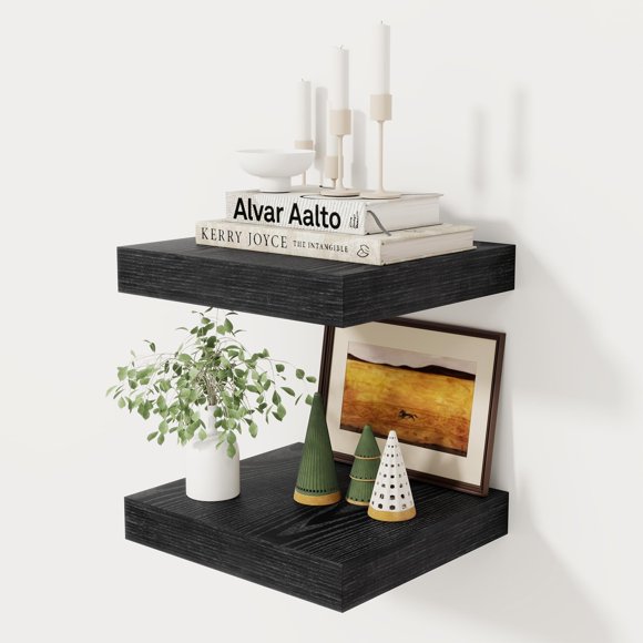Estantería flotante Fun Memories de madera rústica de 30 cm, color negro, juego de 2