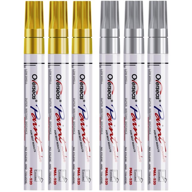 Paint Pens Overseas, color dorado y plateado, paquete de 6 unidades, con base de aceite