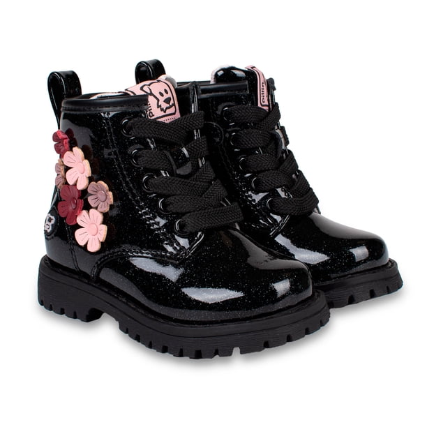 Bototo Bebé Niña Charol con Flores Negro