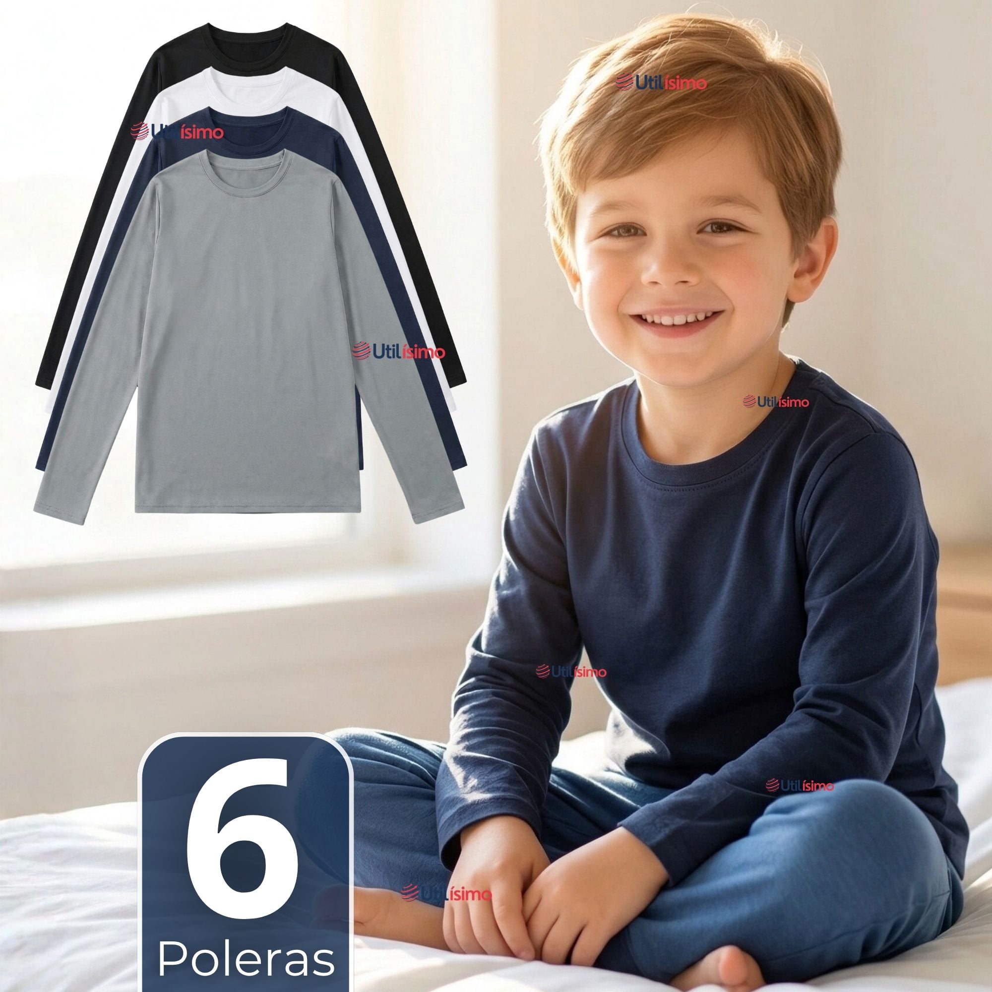 Utilisimo - Pack 6 Poleras Camisetas Polar Primera Capa Cuello Redondo Manga Larga Colores Surtido Niño