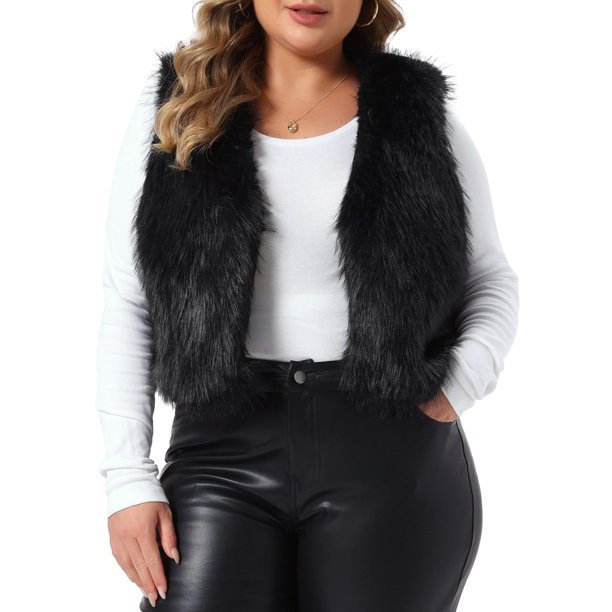 Agnes Orinda Conjuntos de Halloween Chaleco de Piel Sintética Recortado para Mujer de Talla Grande Sin Mangas Abrigo Peludo Casual de Invierno 2X Negro