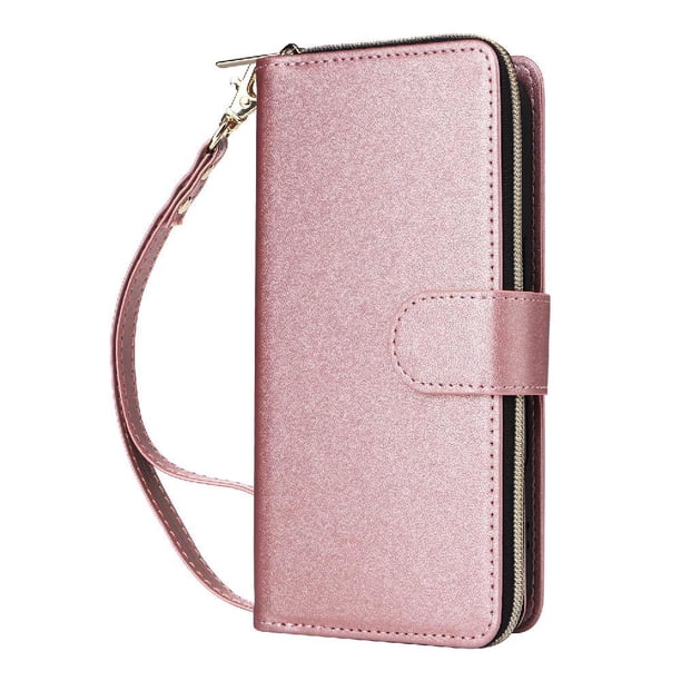 Funda Cartera con Cremallera y Correa para Samsung Galaxy S23 FE Soporte y Tarjetero Oro rosa