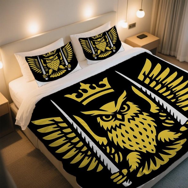 Owl Crown Shield Emblem with Bars Duvet Cover Set Thanksgiving Independence Day Cartoon Retro Pattern Quilted Set Makes Bedroom Arrangement Fresh and