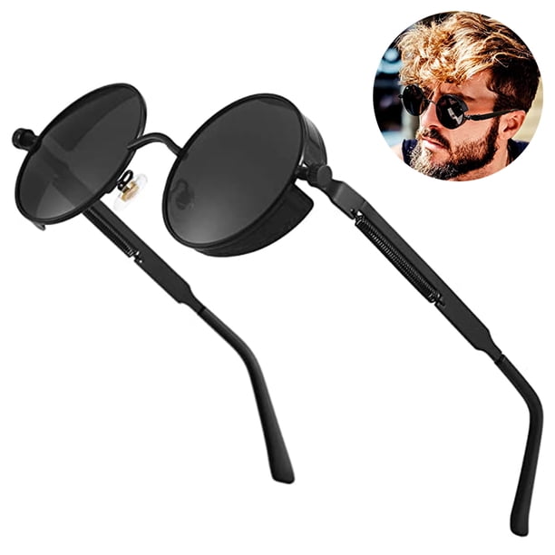 1 par de gafas de sol polarizadas para hombre, protección UV, estilo gótico redondo para mujer, montura circular de metal.