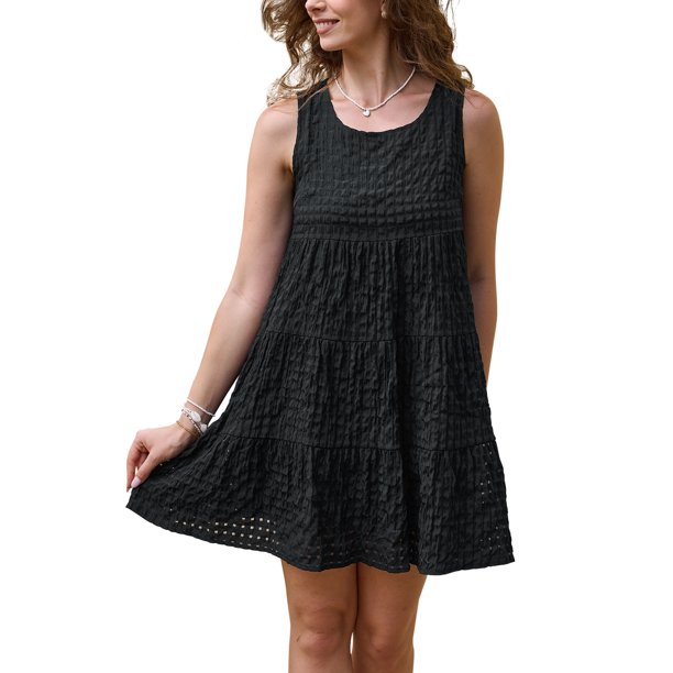 Vestido de Cuadros INSPIRE CHIC para Mujeres Vestido de Verano Sin Mangas Cuadros Fluidos con Vuelo en Capas Corto S Negro